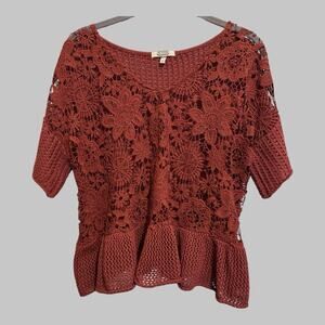 Womens Open Stitch Crochet Lace Peplum Rusty Brown Hippie Gypsy Festival Top L